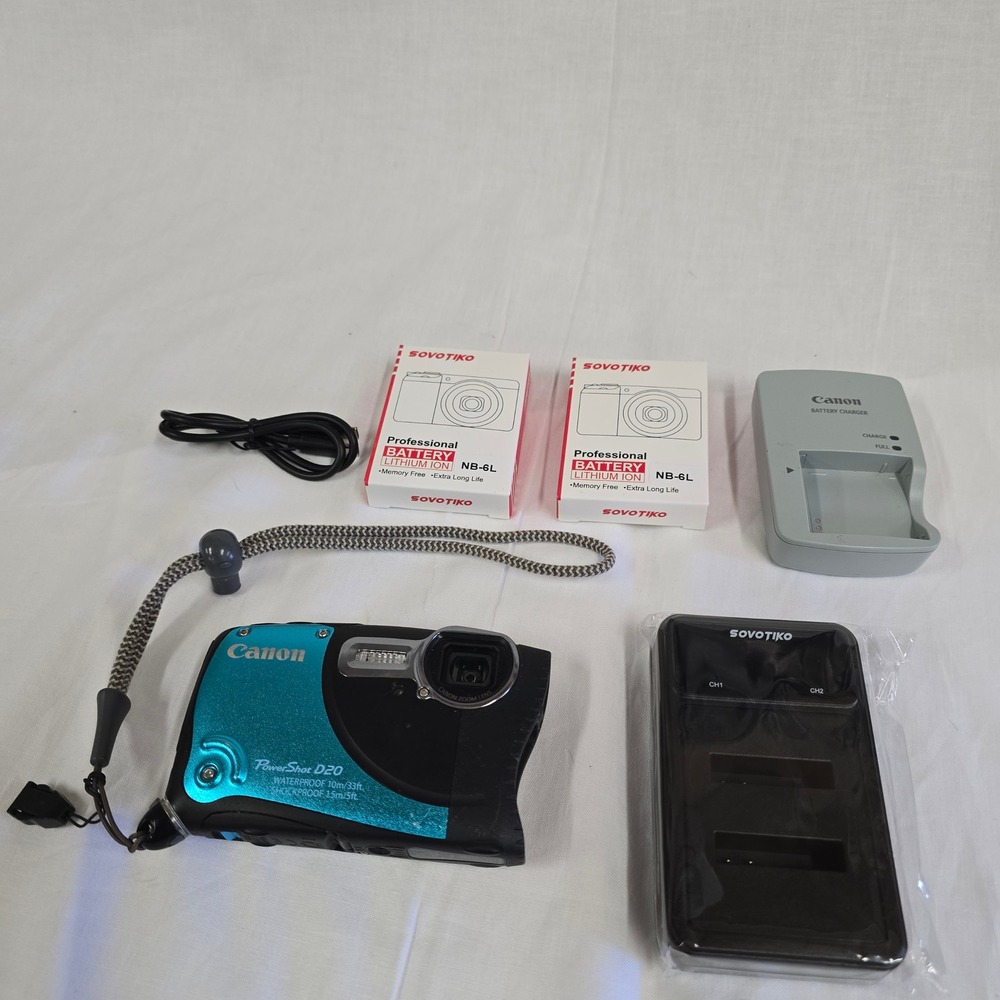 Canon PowerShot D20 Waterproof Digital Camera Blue 12.1MP GPS Bundle 2 Batteries